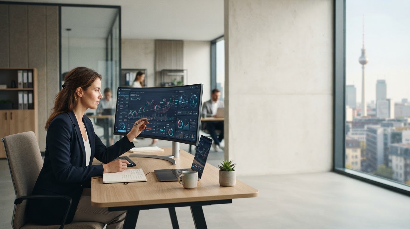 Coin vector smartup data analysis dashboard displayed on a desk, representing structured AI-driven investment decisions